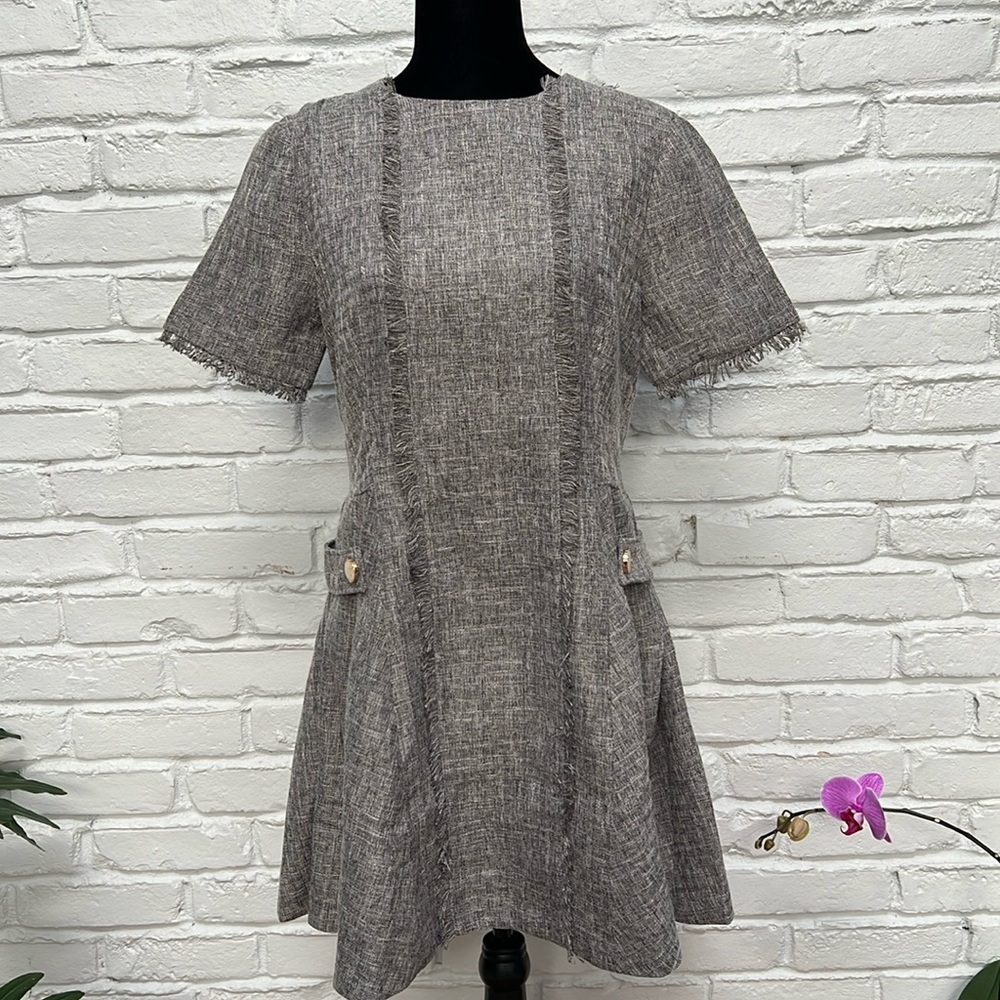 🔘 NWT Saturday Club Fringe Trim Button Detail Textured Mini Dress size Large